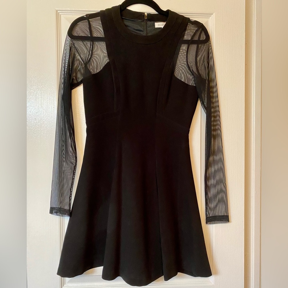 BCBG Black Skater Dress with Mesh Sleeves, Size 2